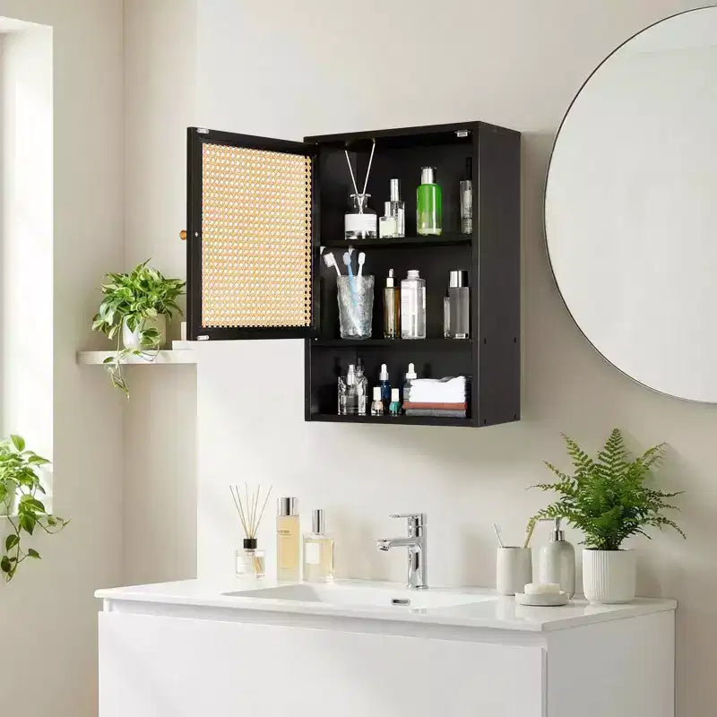 Wall Mounted Bamboo Bathroom Cabinet with Rattan Doors, Above Toilet Storage Medicine Cabinet with Adjustable Shelf, Space Saver for Laundry