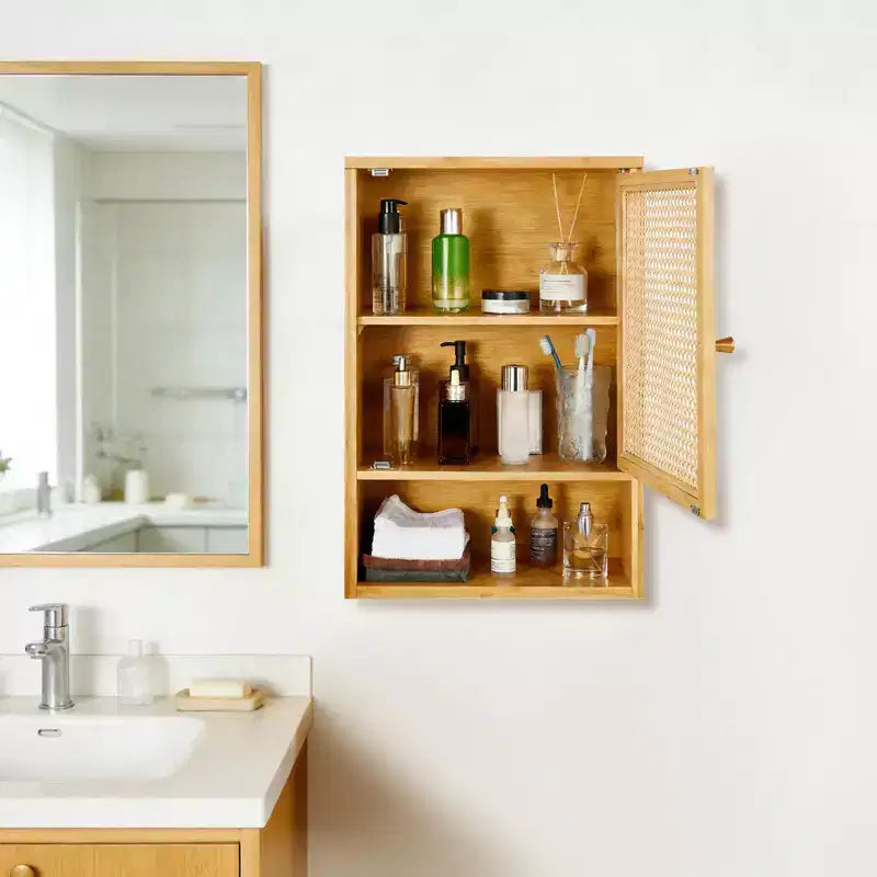 Meuble de salle de bain mural en bambou avec portes en rotin, Armoire à pharmacie de rangement au-dessus des toilettes avec étagère réglable, Économiseur d'espace pour la buanderie