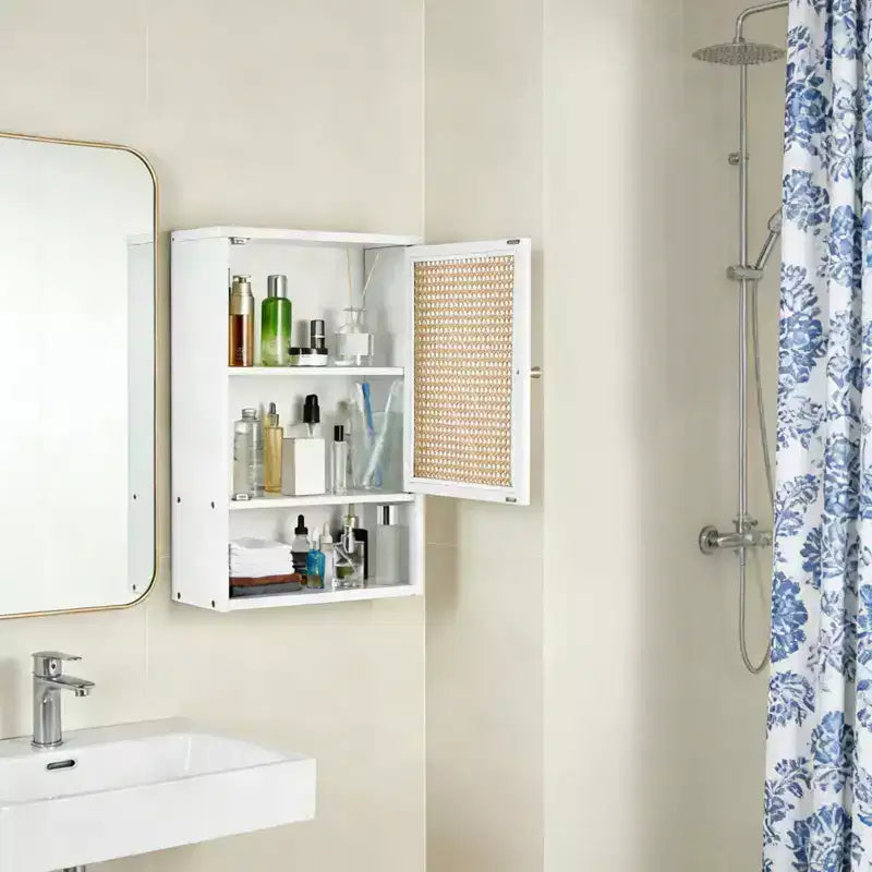 Meuble de salle de bain mural en bambou avec portes en rotin, Armoire à pharmacie de rangement au-dessus des toilettes avec étagère réglable, Économiseur d'espace pour la buanderie