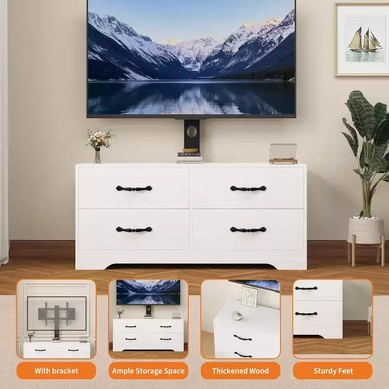 Meuble TV moderne avec support pour téléviseurs de 32 à 75 pouces, table console multimédia avec 4 tiroirs spacieux, commode de centre de divertissement pour le rangement du salon