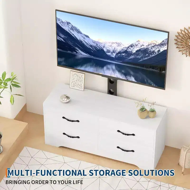 Meuble TV moderne avec support pour téléviseurs de 32 à 75 pouces, table console multimédia avec 4 tiroirs spacieux, commode de centre de divertissement pour le rangement du salon