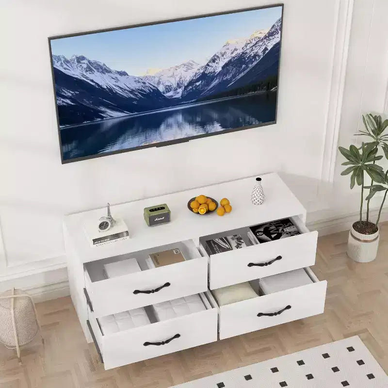Meuble TV moderne avec support pour téléviseurs de 32 à 75 pouces, table console multimédia avec 4 tiroirs spacieux, commode de centre de divertissement pour le rangement du salon