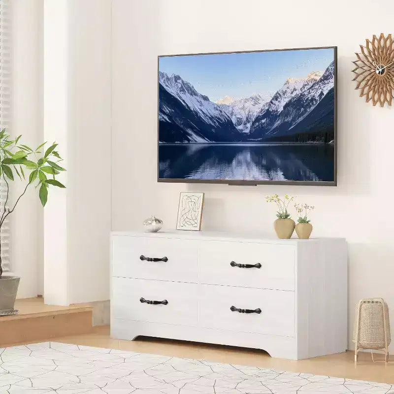 Meuble TV moderne avec support pour téléviseurs de 32 à 75 pouces, table console multimédia avec 4 tiroirs spacieux, commode de centre de divertissement pour le rangement du salon