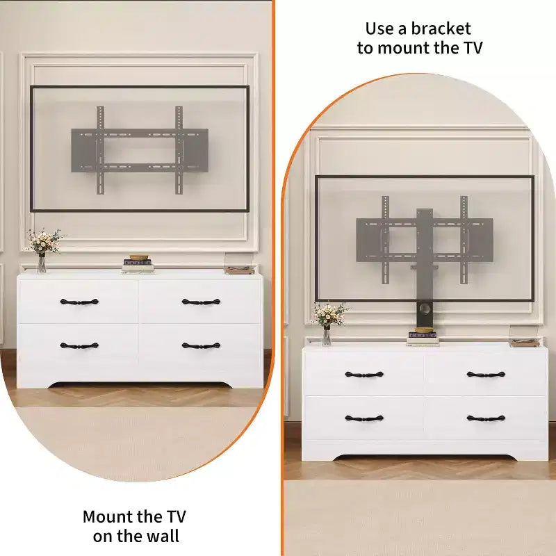 Meuble TV moderne avec support pour téléviseurs de 32 à 75 pouces, table console multimédia avec 4 tiroirs spacieux, commode de centre de divertissement pour le rangement du salon