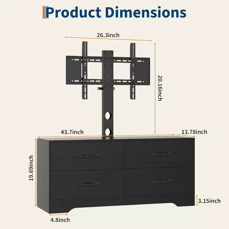 Meuble TV moderne avec support pour téléviseurs de 32 à 75 pouces, table console multimédia avec 4 tiroirs spacieux, commode de centre de divertissement pour le rangement du salon