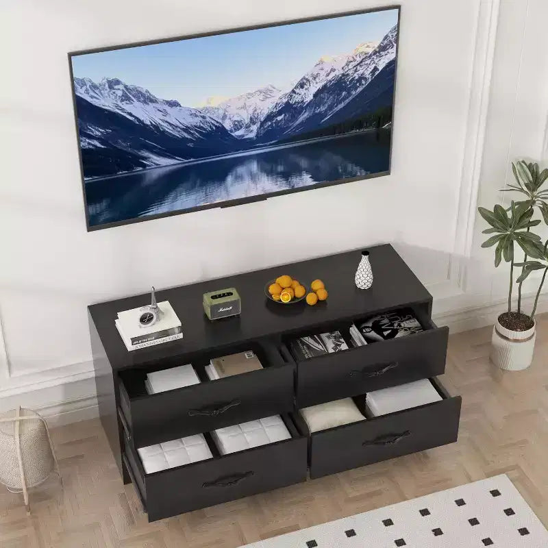 Meuble TV moderne avec support pour téléviseurs de 32 à 75 pouces, table console multimédia avec 4 tiroirs spacieux, commode de centre de divertissement pour le rangement du salon