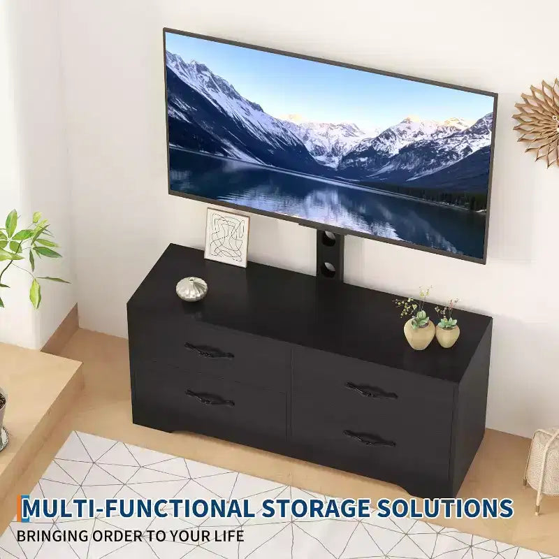 Meuble TV moderne avec support pour téléviseurs de 32 à 75 pouces, table console multimédia avec 4 tiroirs spacieux, commode de centre de divertissement pour le rangement du salon