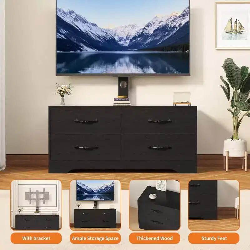 Meuble TV moderne avec support pour téléviseurs de 32 à 75 pouces, table console multimédia avec 4 tiroirs spacieux, commode de centre de divertissement pour le rangement du salon