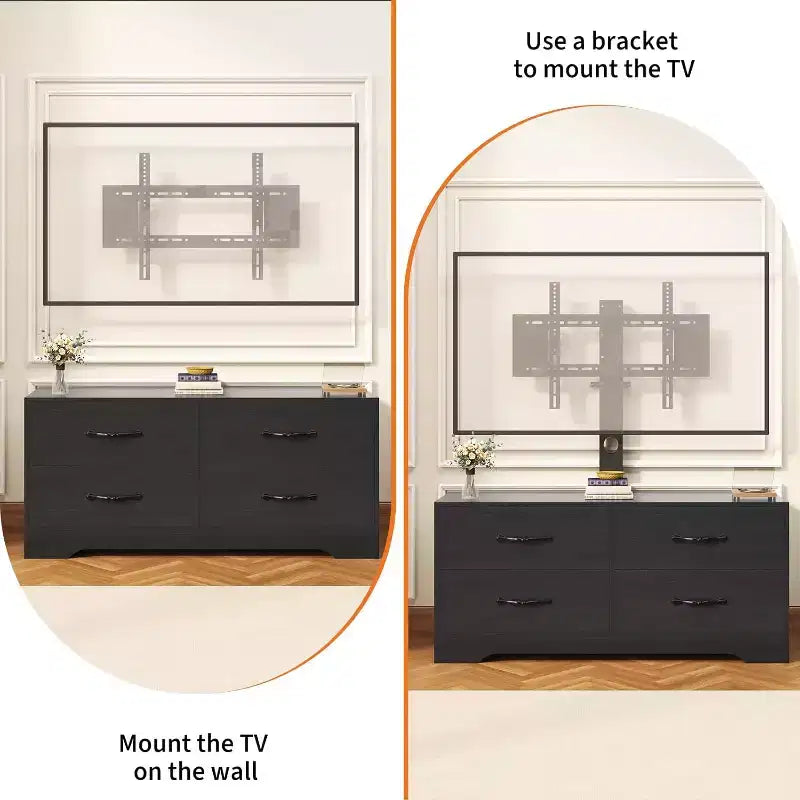 Meuble TV moderne avec support pour téléviseurs de 32 à 75 pouces, table console multimédia avec 4 tiroirs spacieux, commode de centre de divertissement pour le rangement du salon