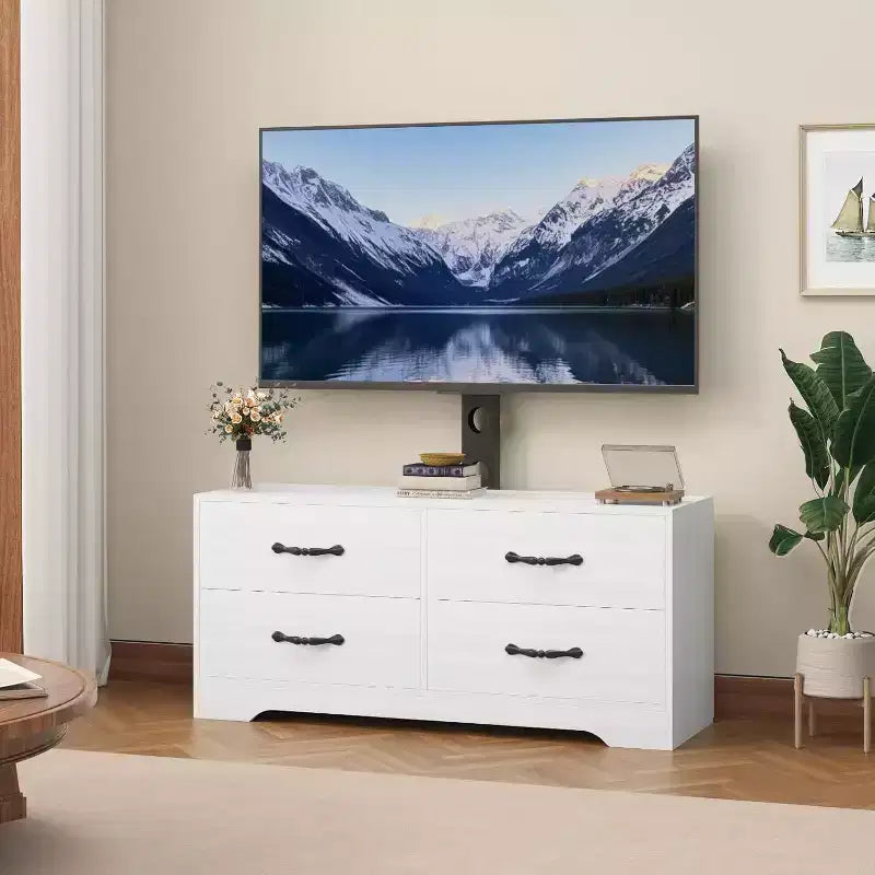 Meuble TV moderne avec support pour téléviseurs de 32 à 75 pouces, table console multimédia avec 4 tiroirs spacieux, commode de centre de divertissement pour le rangement du salon