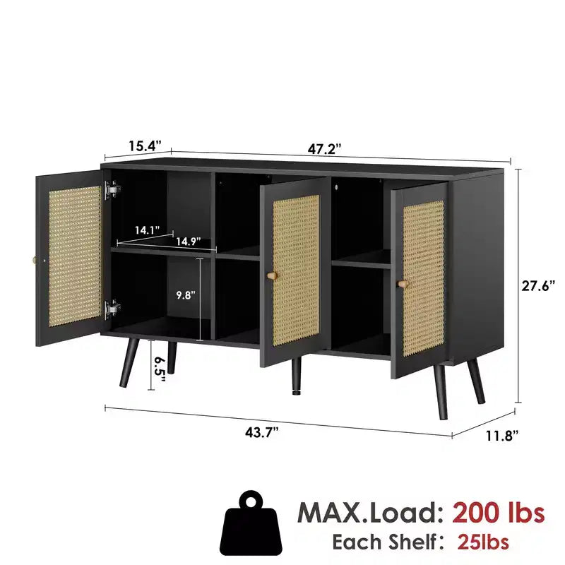 Buffet en rotin de 120 cm avec rangement, buffet moderne avec étagères réglables, desserte de bar à café pour cuisine, salon, entrée