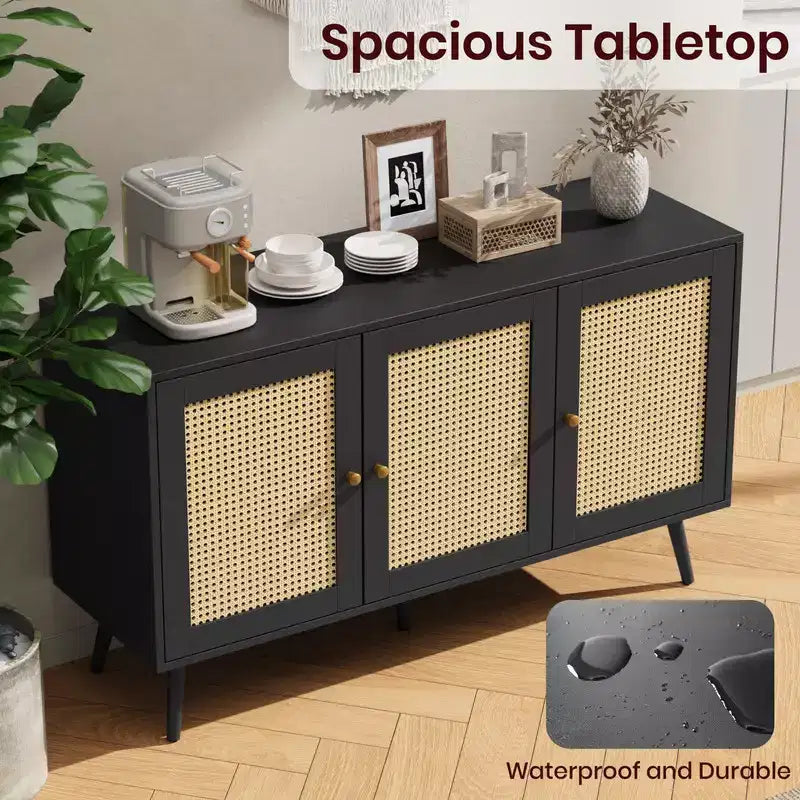Buffet en rotin de 120 cm avec rangement, buffet moderne avec étagères réglables, desserte de bar à café pour cuisine, salon, entrée