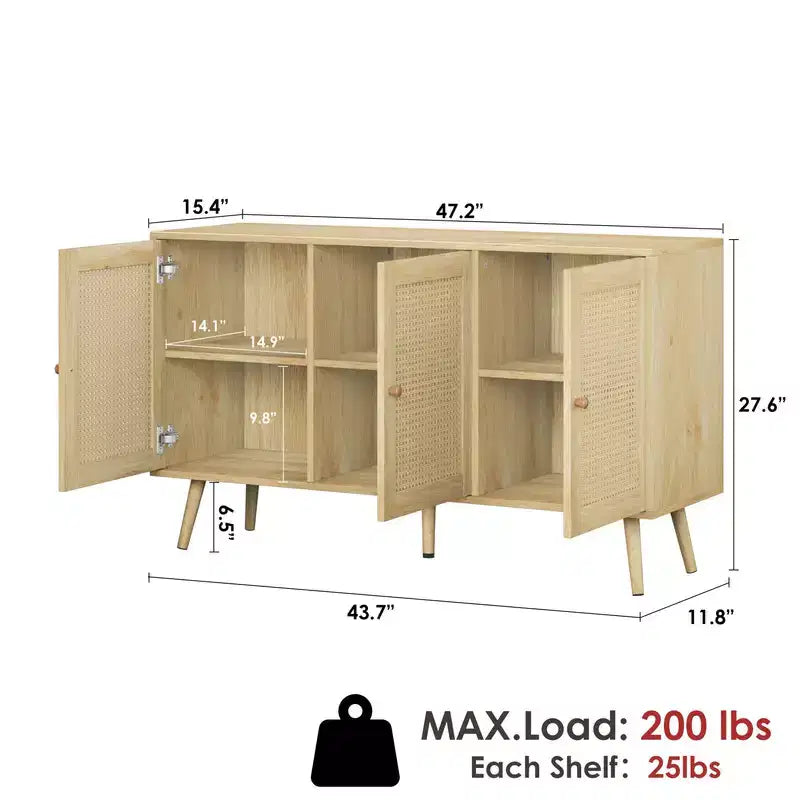 Buffet en rotin de 120 cm avec rangement, buffet moderne avec étagères réglables, desserte de bar à café pour cuisine, salon, entrée