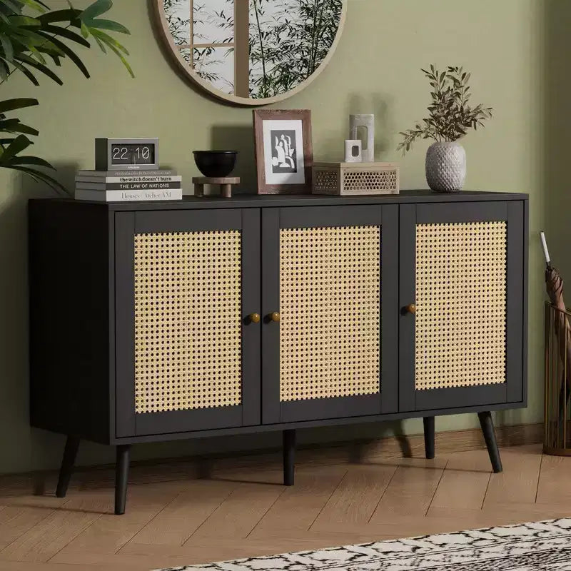 Coolmee 47.2 Rattan Buffet Cabinet with Storage, Modern Sideboard with Adjustable Shelves, Coffee Bar Credenza for Kitchen Living Room Entryway