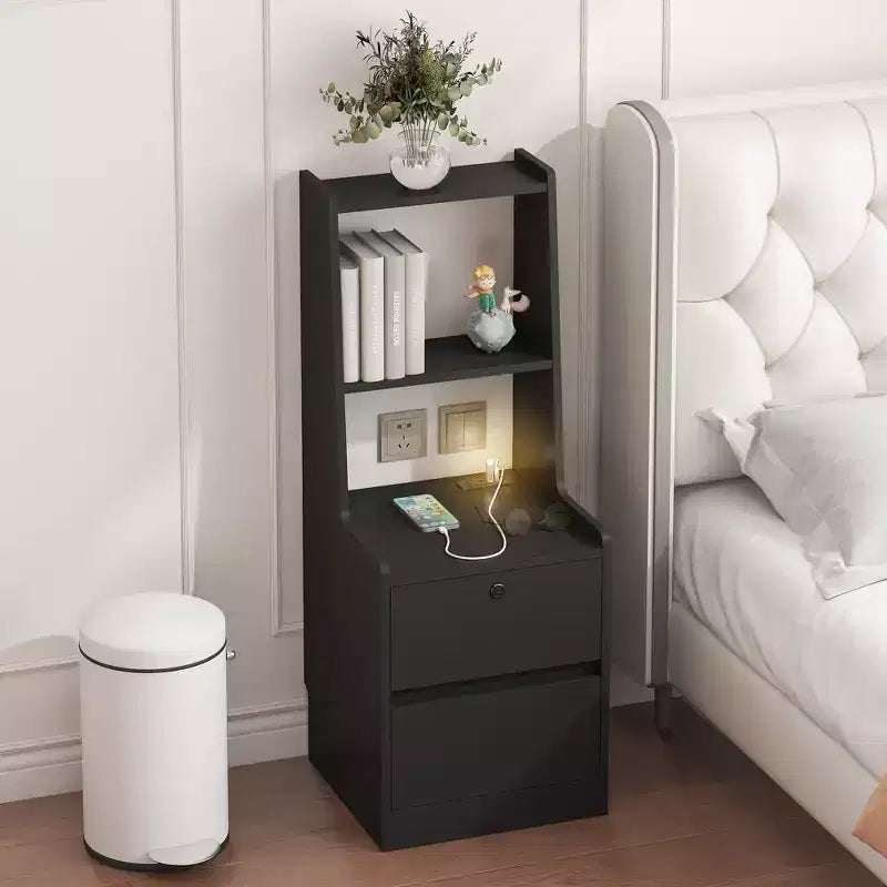 Modern Nightstand with Charging Station LED/Night Light Door Cabinet Lockable (Black)