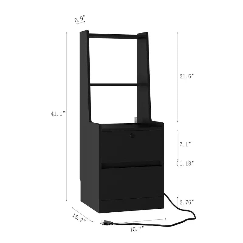 Table de chevet moderne avec station de charge, lampe LED/veilleuse, porte et casier verrouillable (noir)