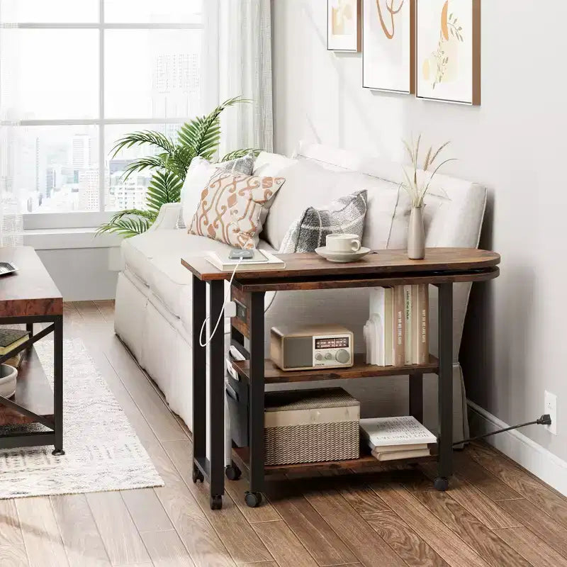 Table d'appoint pivotante avec station de charge et sac de rangement, Table d'appoint rotative avec 6 roulettes verrouillables pour chambre à coucher et salon