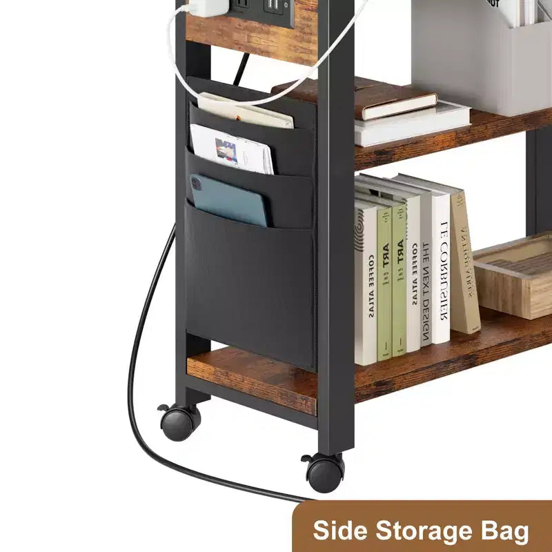 Table d'appoint pivotante avec station de charge et sac de rangement, Table d'appoint rotative avec 6 roulettes verrouillables pour chambre à coucher et salon