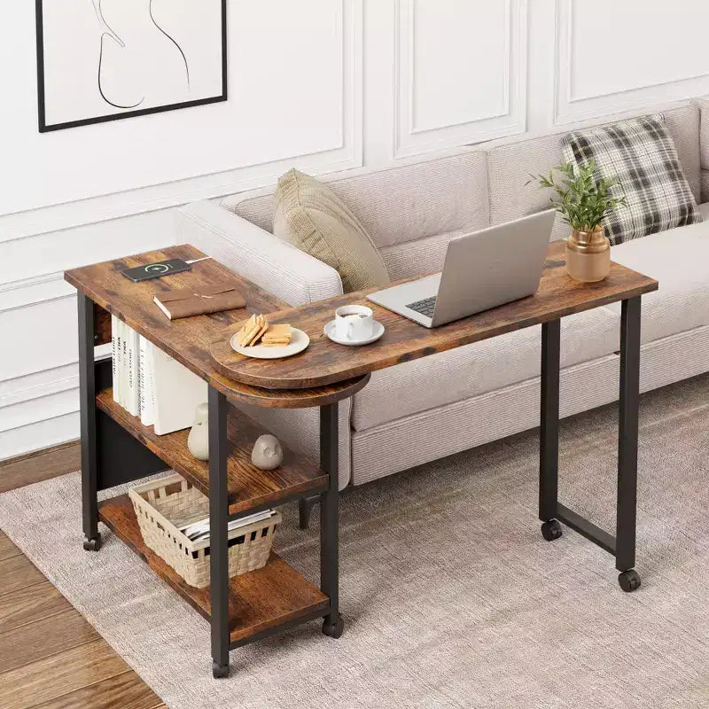 Table d'appoint pivotante avec station de charge et sac de rangement, Table d'appoint rotative avec 6 roulettes verrouillables pour chambre à coucher et salon