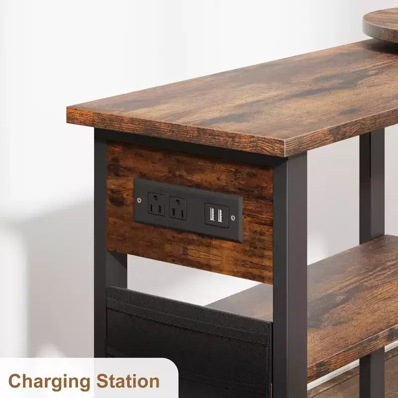 Table d'appoint pivotante avec station de charge et sac de rangement, Table d'appoint rotative avec 6 roulettes verrouillables pour chambre à coucher et salon