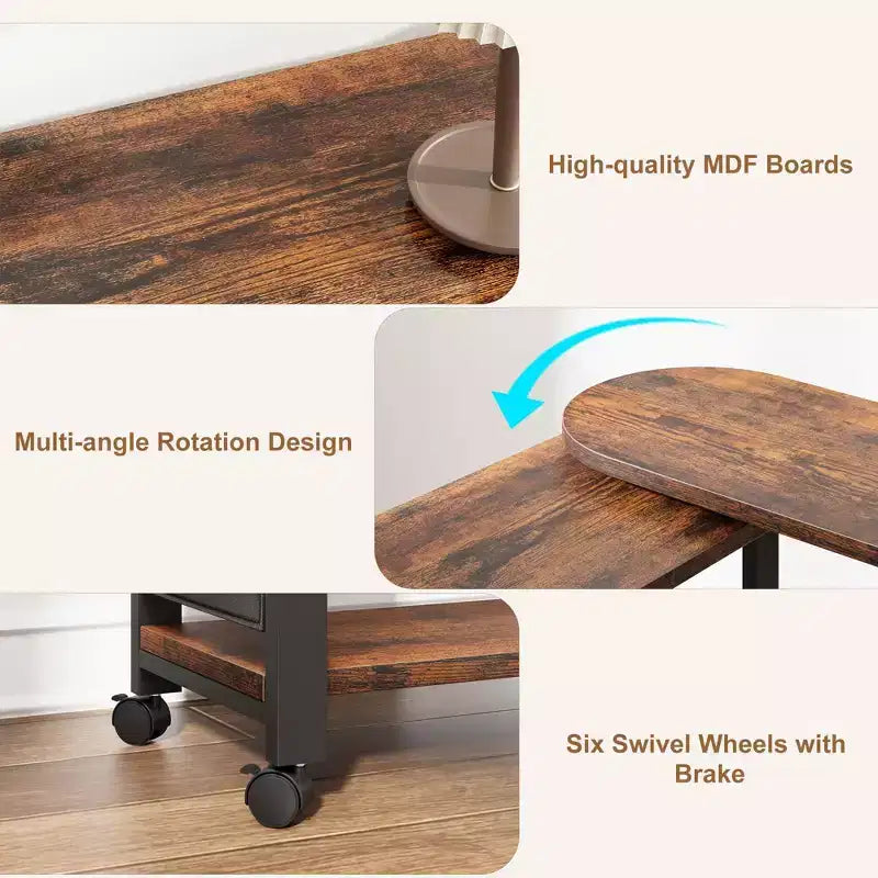 Table d'appoint pivotante avec station de charge et sac de rangement, Table d'appoint rotative avec 6 roulettes verrouillables pour chambre à coucher et salon