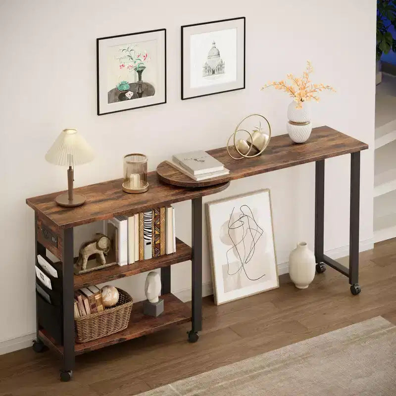 Table d'appoint pivotante avec station de charge et sac de rangement, Table d'appoint rotative avec 6 roulettes verrouillables pour chambre à coucher et salon