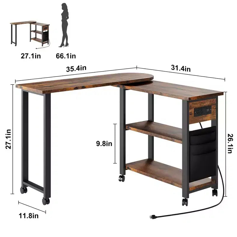 Table d'appoint pivotante avec station de charge et sac de rangement, Table d'appoint rotative avec 6 roulettes verrouillables pour chambre à coucher et salon