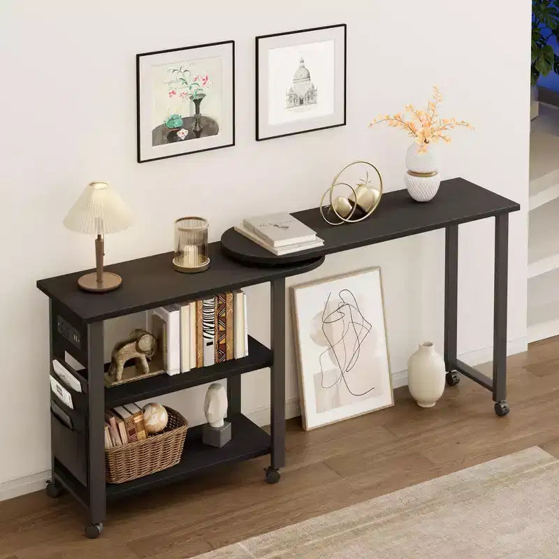 Table d'appoint pivotante avec station de charge et sac de rangement, Table d'appoint rotative avec 6 roulettes verrouillables pour chambre à coucher et salon