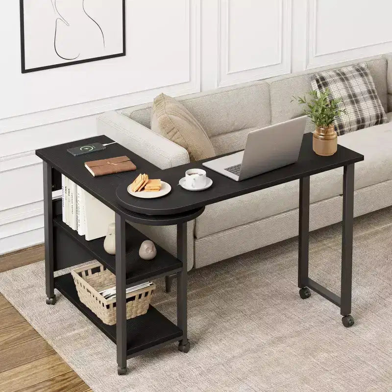 Table d'appoint pivotante avec station de charge et sac de rangement, Table d'appoint rotative avec 6 roulettes verrouillables pour chambre à coucher et salon