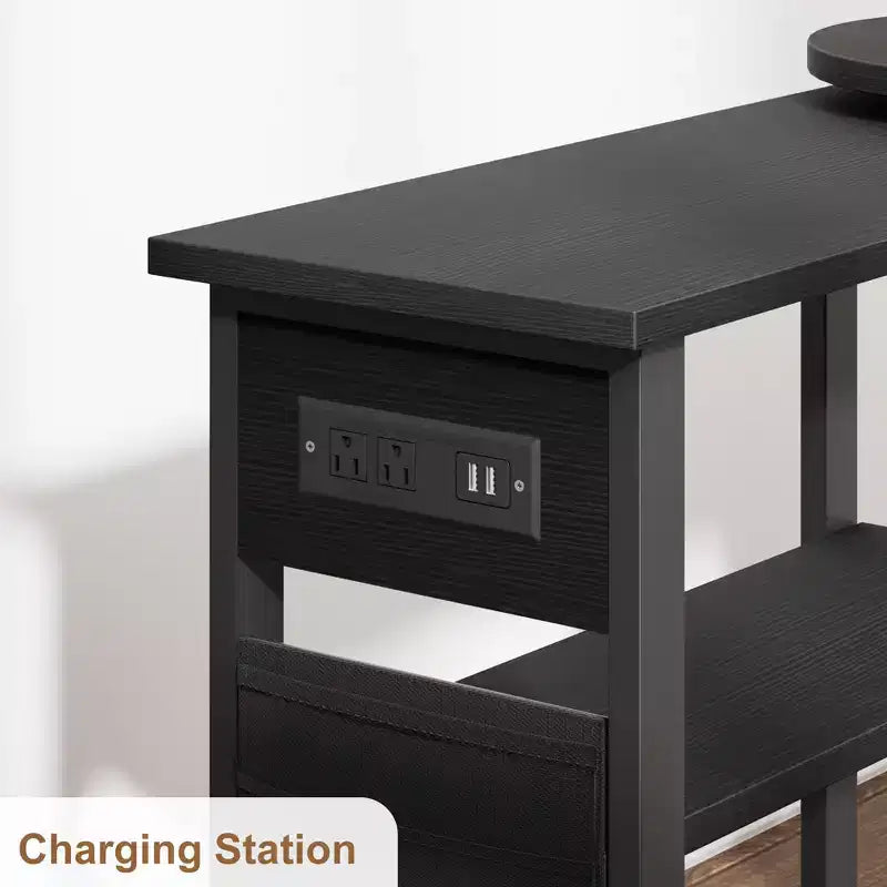 Table d'appoint pivotante avec station de charge et sac de rangement, Table d'appoint rotative avec 6 roulettes verrouillables pour chambre à coucher et salon