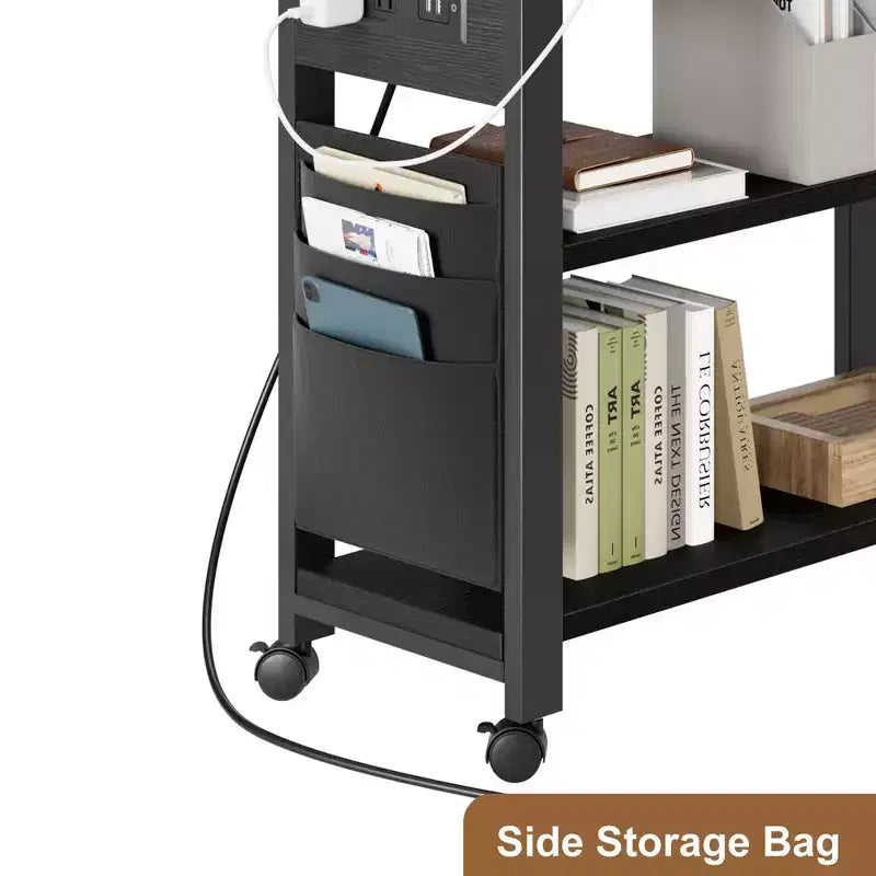 Table d'appoint pivotante avec station de charge et sac de rangement, Table d'appoint rotative avec 6 roulettes verrouillables pour chambre à coucher et salon