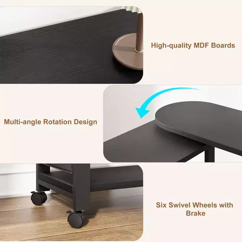 Table d'appoint pivotante avec station de charge et sac de rangement, Table d'appoint rotative avec 6 roulettes verrouillables pour chambre à coucher et salon
