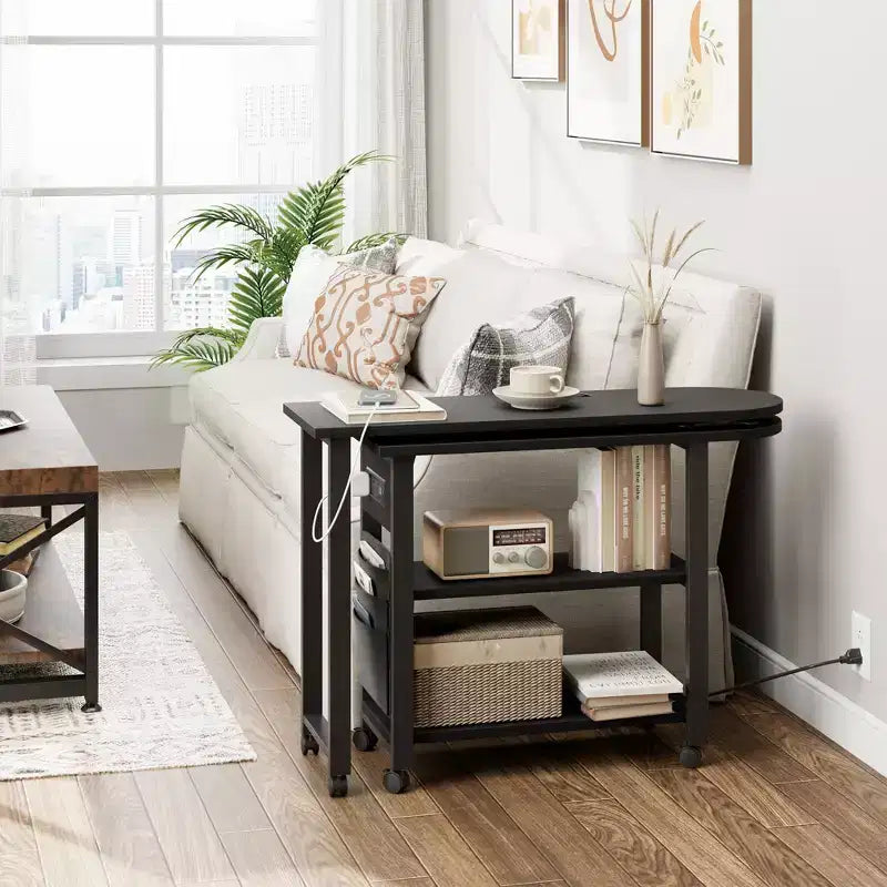 Table d'appoint pivotante avec station de charge et sac de rangement, Table d'appoint rotative avec 6 roulettes verrouillables pour chambre à coucher et salon