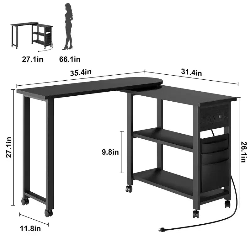 Table d'appoint pivotante avec station de charge et sac de rangement, Table d'appoint rotative avec 6 roulettes verrouillables pour chambre à coucher et salon
