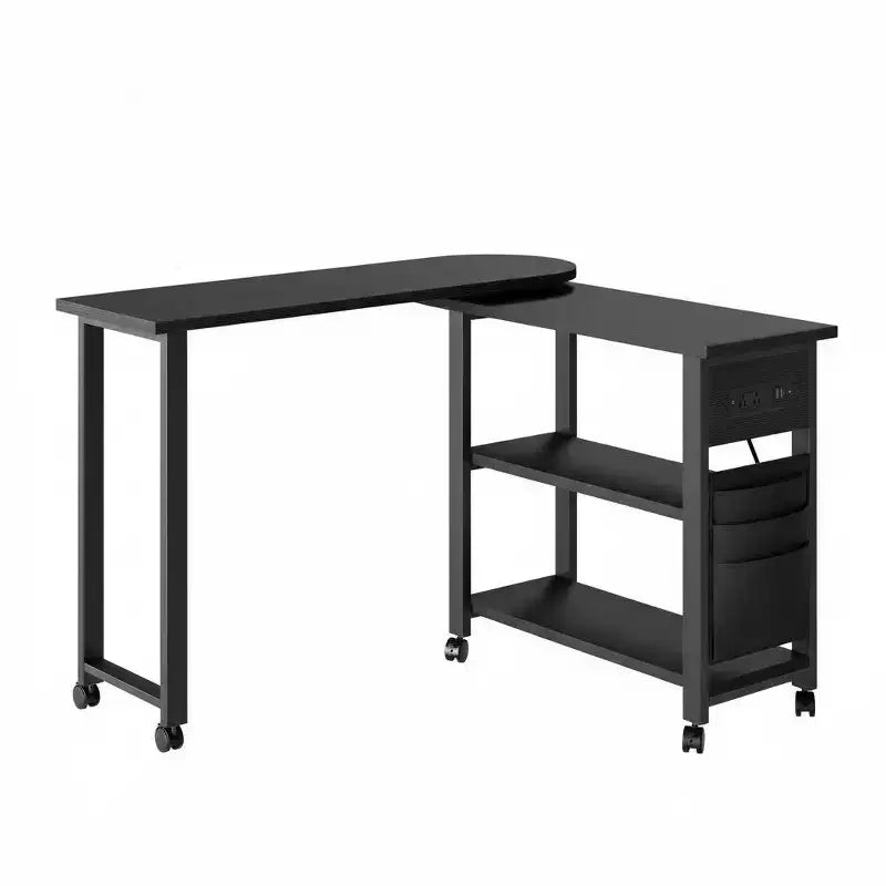 Swivel Side Table with Charging Station and Storage Bag, Rotating End Table with 6 Locking Wheels for Bedroom Living Room