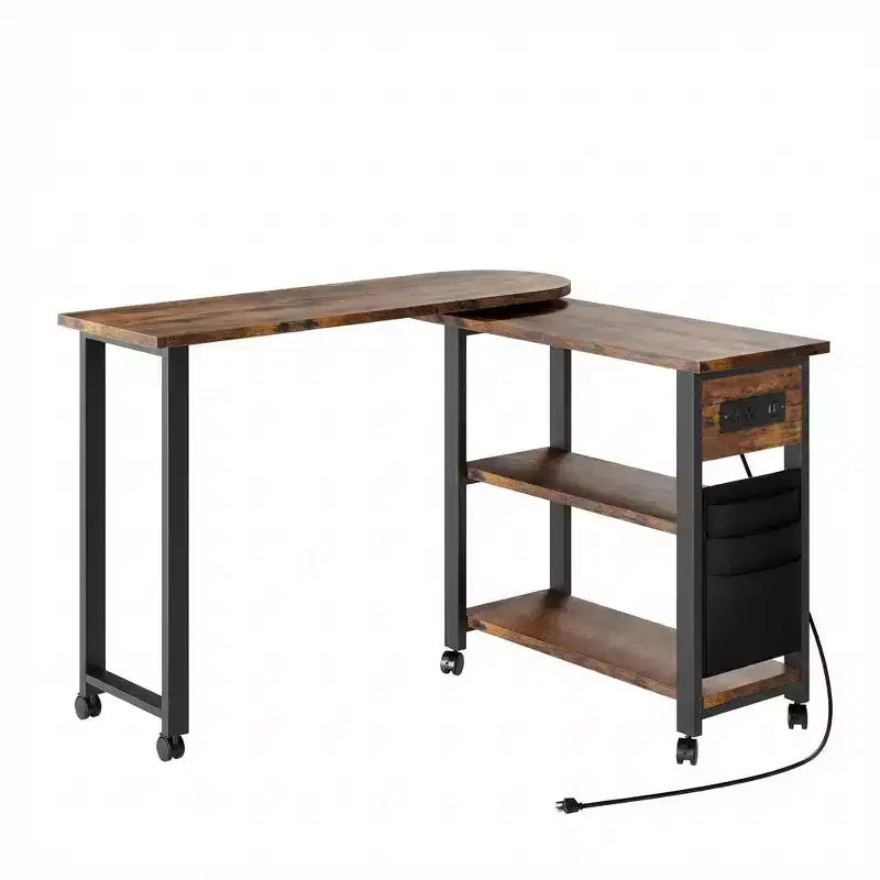 Table d'appoint pivotante avec station de charge et sac de rangement, Table d'appoint rotative avec 6 roulettes verrouillables pour chambre à coucher et salon