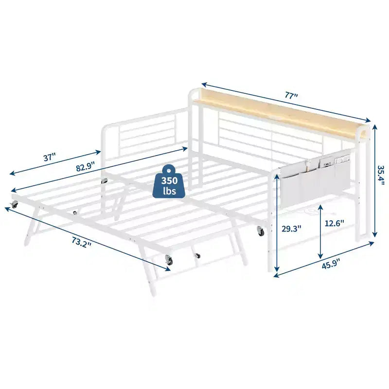 Lit de repos jumeau avec lit gigogne, tête de lit de rangement + station de charge et sacs de rangement supplémentaires, canapé-lit robuste pour salon et chambre d'amis