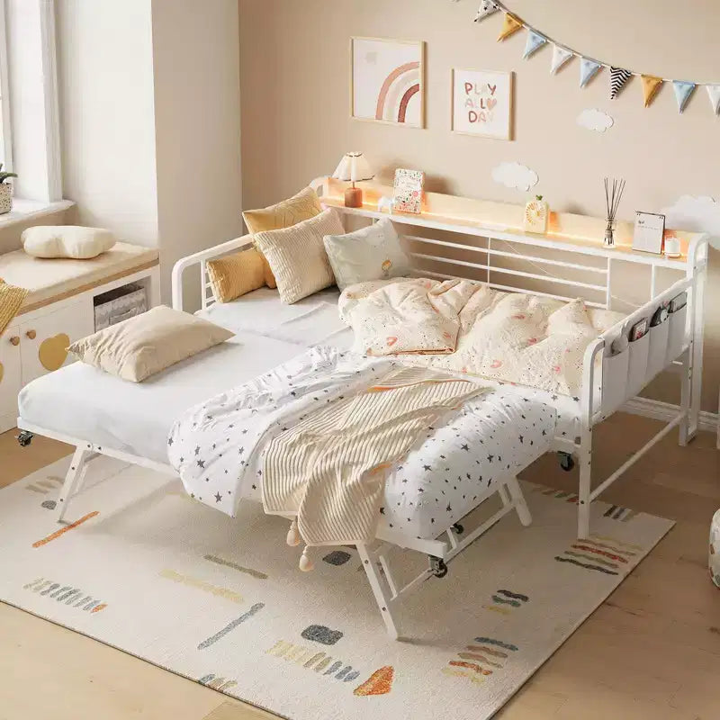 Lit de repos jumeau avec lit gigogne, tête de lit de rangement + station de charge et sacs de rangement supplémentaires, canapé-lit robuste pour salon et chambre d'amis