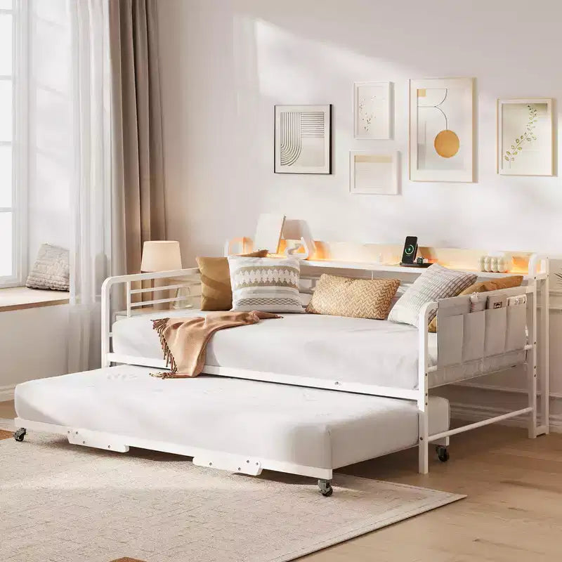 Lit de repos jumeau avec lit gigogne, tête de lit de rangement + station de charge et sacs de rangement supplémentaires, canapé-lit robuste pour salon et chambre d'amis