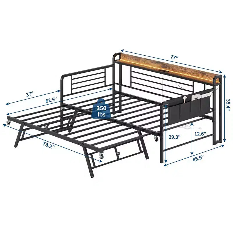 Lit de repos jumeau avec lit gigogne, tête de lit de rangement + station de charge et sacs de rangement supplémentaires, canapé-lit robuste pour salon et chambre d'amis