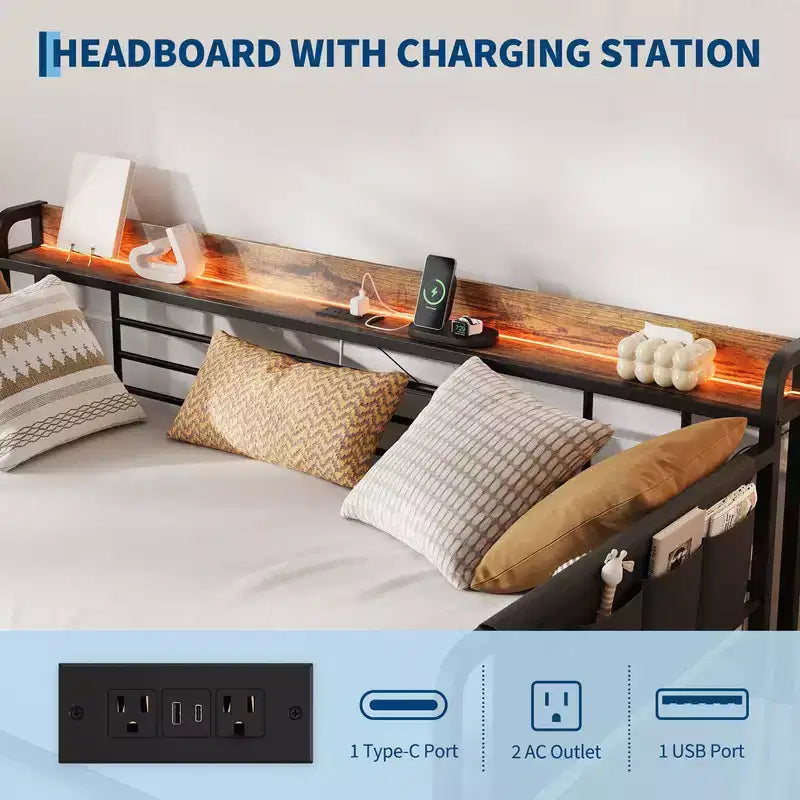 Lit de repos jumeau avec lit gigogne, tête de lit de rangement + station de charge et sacs de rangement supplémentaires, canapé-lit robuste pour salon et chambre d'amis