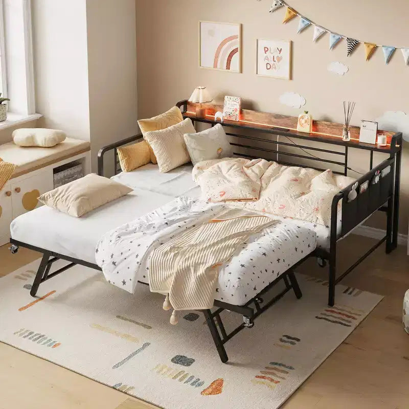 Lit de repos jumeau avec lit gigogne, tête de lit de rangement + station de charge et sacs de rangement supplémentaires, canapé-lit robuste pour salon et chambre d'amis