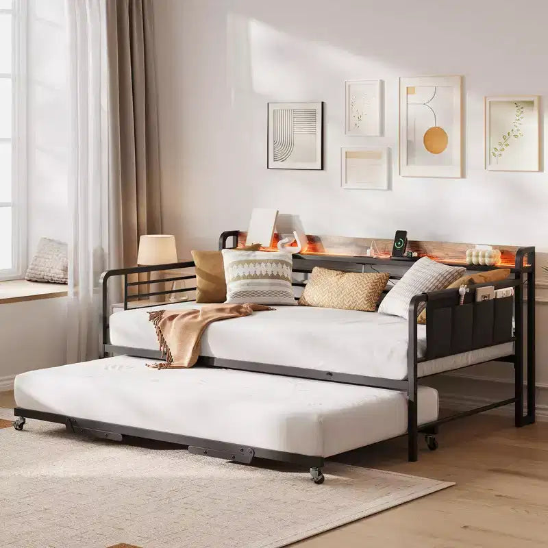 Lit de repos jumeau avec lit gigogne, tête de lit de rangement + station de charge et sacs de rangement supplémentaires, canapé-lit robuste pour salon et chambre d'amis
