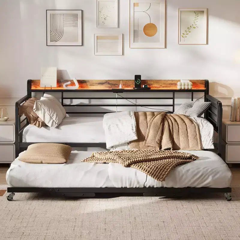 Coolmee Twin Daybed with Trundle, Storage Headboard + Charging Station & Extra Storage Bags, Sturdy Sofa Bed for Living Room Guest Room