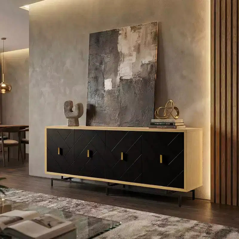 74 Modern Black TV Stand for Entertainment Center, Large Media Console with 4 Cable Management Ports, Metal Base for Living Room - Morden Fort