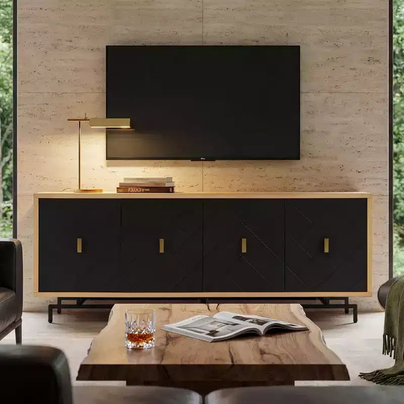 Meuble TV noir moderne de 74 po pour centre de divertissement, grande console média avec 4 passe-câbles, base en métal pour salon