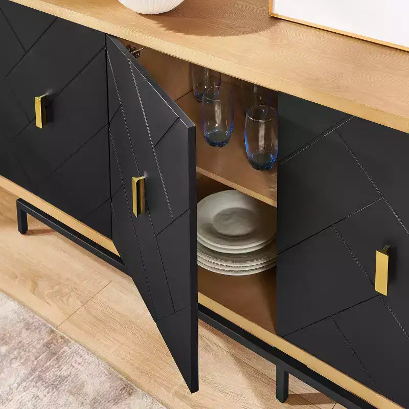 Meuble TV noir moderne de 74 po pour centre de divertissement, grande console média avec 4 passe-câbles, base en métal pour salon
