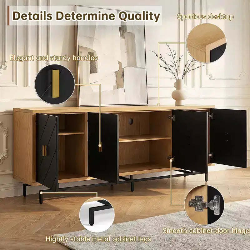 Meuble TV noir moderne de 74 po pour centre de divertissement, grande console média avec 4 passe-câbles, base en métal pour salon