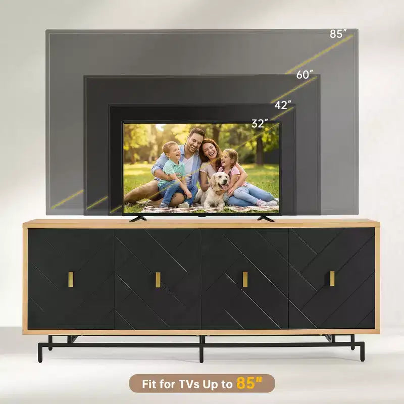 Meuble TV noir moderne de 74 po pour centre de divertissement, grande console média avec 4 passe-câbles, base en métal pour salon