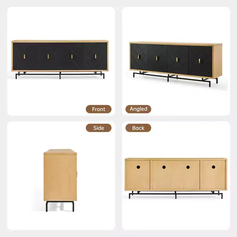 Meuble TV noir moderne de 74 po pour centre de divertissement, grande console média avec 4 passe-câbles, base en métal pour salon